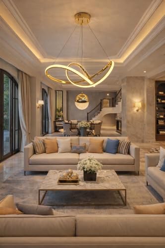 Image of Premium Infinity Loop LED Stylish Gold Finish with 3 Different Color Mode (Warm White, Cool White, Neutral White) Chandelier with Height Adjustable Hanging