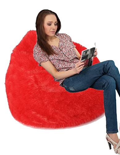 Image of Premium and Luxurious Fur Bean Bag Sofa Chair (Without Beans) Bean Bag Cover Without Beans. for Kids and Adults XXXL (Red Fur)