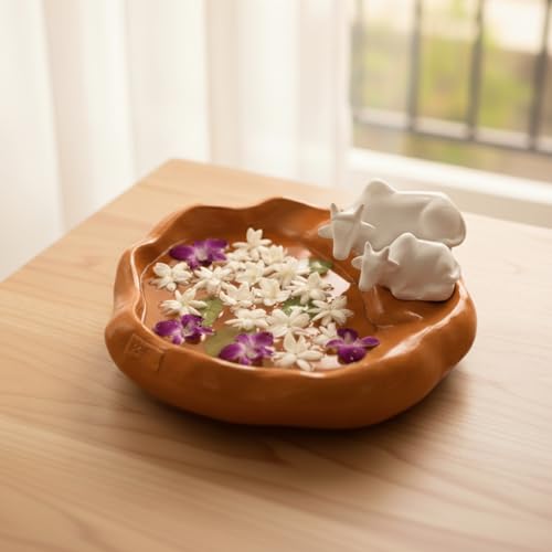 Image of eCraftIndia Pair of Cow Statue Urli Bowl for Home Decoration Office Tv Unit (Resin Orange) Showpiece for Good Luck | Urli for Floating Candles Flowers for Pooja Room Entryway Living Room Diwali Gift