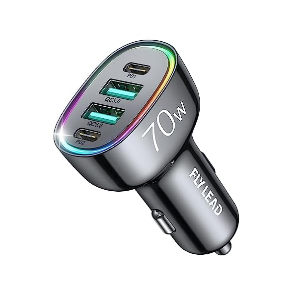 Fast Car Charger FLYLEAD 70W 4 Ports Car Charger【A Must for Family Travel】 Super Fast USB C Car Charger Adapter for iPhone 16/15 Pro Max Plus Samsung Galaxy S24