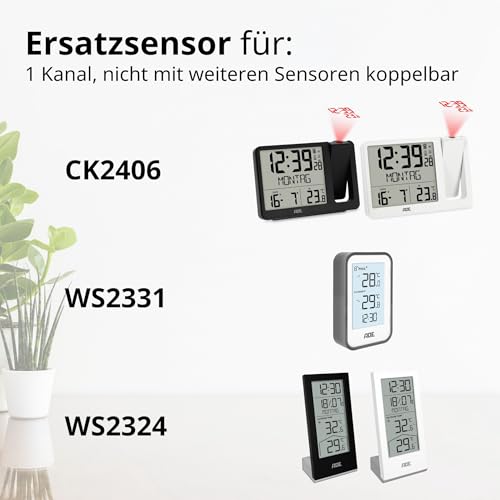 ADE Ersatz Außensensor WS1000 für Wetterstation | 1 Kanal | kompatibel mit ADE CK2406, WS1703, WS1704, WS1711, WS1911, WS2132, WS2136, WS2324, WS2331 | weiß
