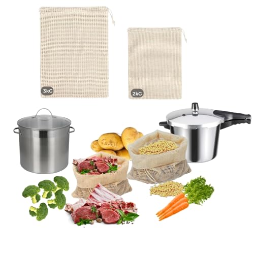 IM® Set de 2 Mallas de Algodón para Cocer Garbanzos, Legumbres y Verduras de Dos tamaños (35x30 cm y 27x25 cm) | Bolsas Reutilizables para Cocción | Red para Cocidos y Pucheros