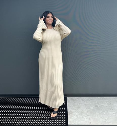 Image of Women's Long Sleeve Sweater Dress Ankle Length Fall Dress Vneck Knit Winter Dress