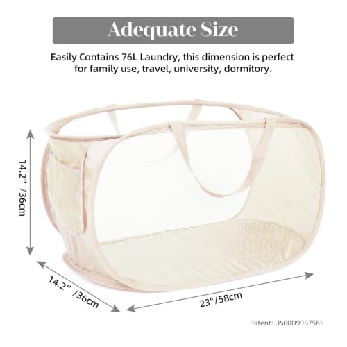 Image of Durable Collapsible Laundry Baskets, Mesh Pop Up Laundry Hamper with Side Pocket, Foldable Clothes Storage Hamper with Reinforced Carry Handles for Laundry, Bathroom, Kids Room, Dorm or Travel Beige