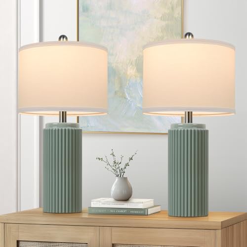 TOBUSA 23.5’’ Modern Green Ceramic Table Lamps Set of 2 for Living Room, Farmhouse Ceramic Bedside Nightstand Lamps for Bedroom, Vintage Decorative Boho Lamps for Home End Table Dorm Office