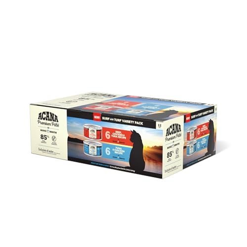 ACANA Premium Pate Wet Cat Food in Bone Broth Variety Pack: Surf and Turf – Beef Chicken & Tuna + Tuna & Chicken Recipes 3oz Cans (12 Count, 6 of Each)