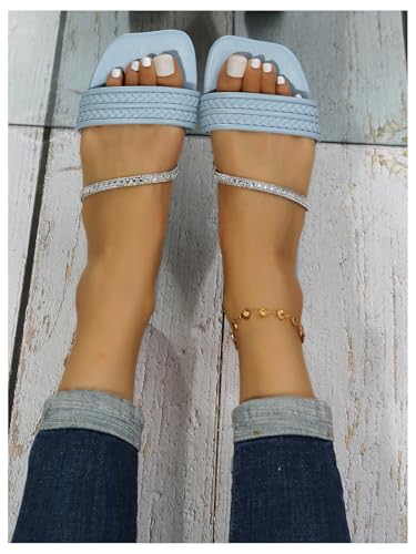 GORGLITTER Women's Glitter Rhinestone Braided Strappy Flats Pu Leather Square Open Toe Slide Sandals3