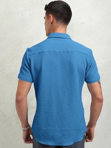 Image of Zombom Men's Poly Cotton Textured Short Sleeve Shirt | Slim Fit Casual Wear | Premium Stretch Fabric | Button Down Collar | Stylish Party Shirt for Men