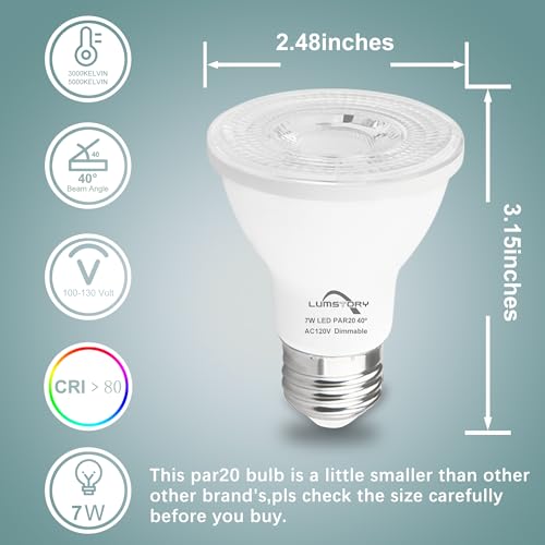Image of LumStory 12-Pack PAR20 LED Light Bulbs, 3000K Warm White, Dimmable Flood Light Indoor Outdoor, 7W 50W 60W Halogen Replacement 600LM, E26 40 Degree Narrow Spot Light for Recessed Ceiling Lighting