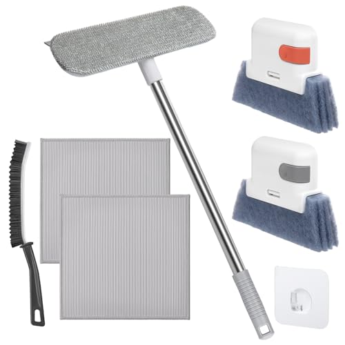 XANGNIER Window Screen Cleaner & Track Cleaning Kit-Mesh Screen Cleaner Brush with Extension Pole Window Sill and Track Cleaner Tool Washing Equipment 28Detachable Long-Reach Handle Wet&Dry Dual-Use