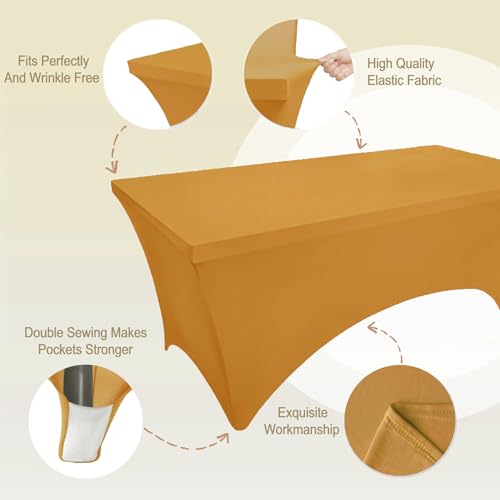 Image of FOLINS&HOME 2 Pack Gold 6ft Fitted Spandex Water Resistant Tablecloth | Washable Elastic Rectangle Table Cover for 6 Foot Folding Tables, Stretch Table Cloth for Weddings, Banquets, Parties (2 Pcs)