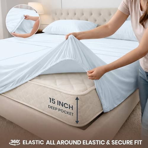 Image of SGI Split King Sheet Set for Adjustable Bed Egyptian Premium Cotton 600 Thread Count Sheets for Sleep Number Bed 15 inch Deep Pocket 5 Pc Set with 2 Twin XL Fitted Sheets Soft Breathable -Light Blue