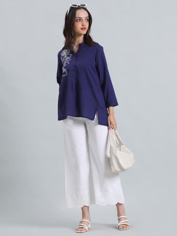 Image of GO COLORS Women's Cotton Hakoba Palazzo | Ankle Length, Schiffli Embroidery, Relaxed Fit, Mid-Rise with Side Pocket