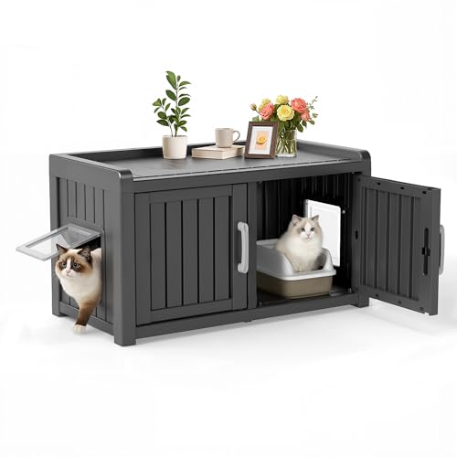 KFY Cat Litter Box Enclosure Resin Hidden Cat Litter Box Furniture Multi-Functional Double Door Spacious Odorless Waterproof UV-Resistant Indoor Outdoor Use Black(Black, 31.97''L×16.73''W×17.87''H)