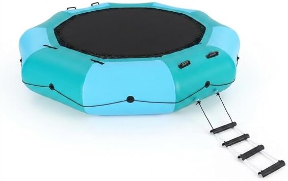 15FT Inflatable Water Trampoline, 10FT Spring-Free Jumping Area Water Bouncer for Lake Pool Beach, 600W Pump, Non-Slip Ladder, Heavy-Duty Anchor Bags, 3-in-1 Hammock Party Platform, 408 LBS Capacity