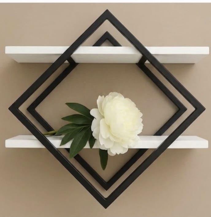 Modern Geometric Diamond Wall Shelf | Metal Frame with Wooden Floating Shelves | Decorative Wall Mounted Display Rack for Living Room, Bedroom, Office & Home Décor-image-10