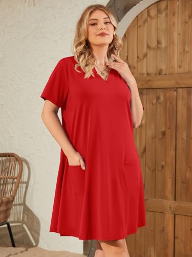 Image of AusLook Plus Size Midi Dress for Women V Neck Short Sleeve Summer Casual Loose Fit Vacation Sundress with Pockets 1X-5X