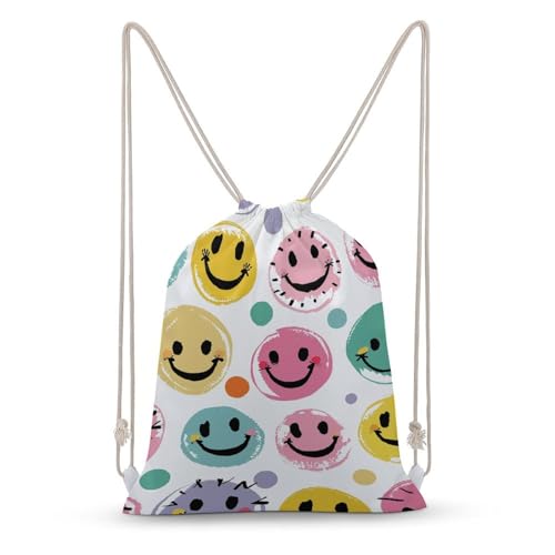 HJUQNGF Canvas Drawstring Backpack, Pastel Color Smiley Face Drawstring Sport Gym Bags for Travel, Work, Yoga & Daily Use