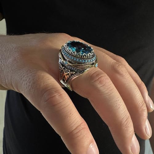 925 Sterling Silver Aquamarine Stone Turkish Handmade Men's Ring3