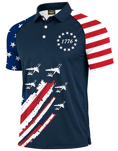 Mainfini Mens 4th of July Polo Distressed Shirts Printed Patriot Novelty Fourth Short Sleeve Funny American Flag 2026 Raglan National 1776 Black Fighter Jet XXXL