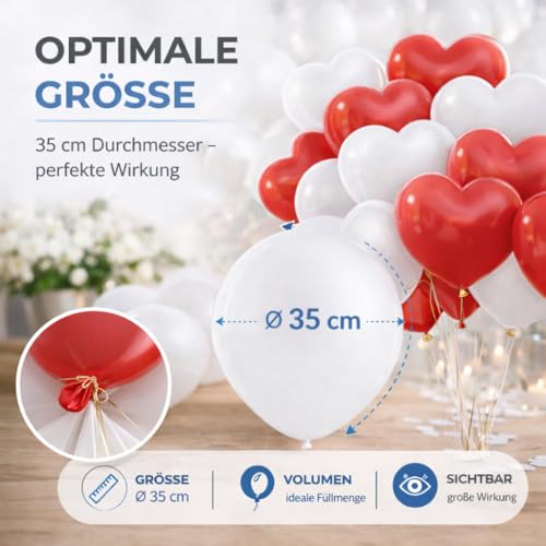 50 x XXL balony nadają się do helu, Ø 40 cm, balony w kształcie serca, czerwone i białe, jako dekoracja dla niej i dla niego, na wesele i Walentynki