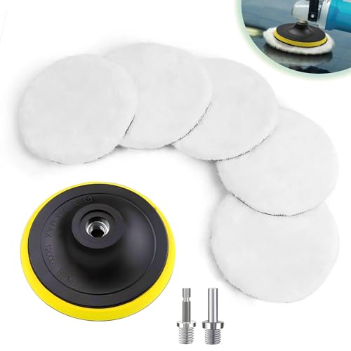 Orssmigs 125MM Pulidora Coche de Lana, 8 Piezas pulir faros coche pulimento coche Almohadilla Kit con Adaptador de Taladro M14 y Adaptador Hexagonal Para Encerar y Pulir Coches con Disco Autoadhesivo