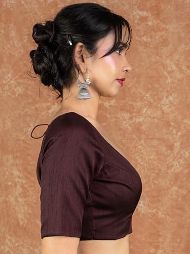 Image of FIGURE'S DESIGNER Women's Dupion Raw Silk Half Elbow Sleeves Sweetheart V Neck Sabyasachi Cut Readymade Saree Blouse S10