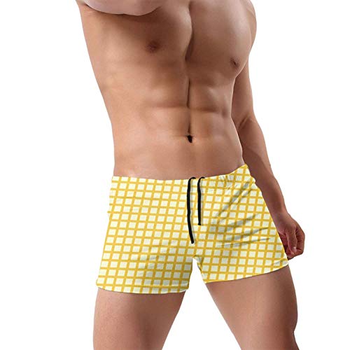 Men's Plaid Checkered Goldenrod Yellow Swimwear Boxer Briefs Swim Trunk Triangle Thong Bikini Swimsuit #TOP2