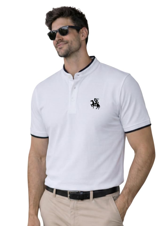 dagcros Mens Polo T-Shirt with White Collar Strips | Short Sleeve Button Neck Casual Top | Smart Casual T-Shirt for Men (in, Alpha, S, Regular, Airforce Blue)-picture-10