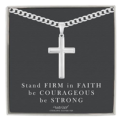 Mens Sterling Silver Cross Necklace with Curb Chain and Meaningful Keepsake Card - Ready To Give Gift In Box