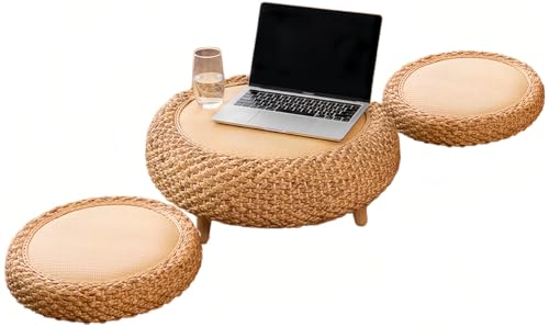 EastEamily ローテーブル 丸 円卓 籐のコーヒーテーブル 座布団2枚セット付き 直径50×高さ25cm 小さい 2人用 畳座卓 籐編み ちゃぶ台 おしゃれ 和風 収納機能を備え 食卓 組立不要 茶道 瞑想 バルコニー リビングルーム 寝室 一人暮