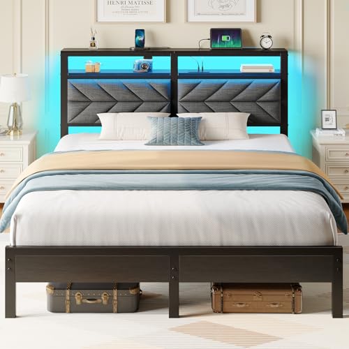Seventable Bed Frame Full Size with Charging Station, LED Bed with Upholstered Storage Headboard,...