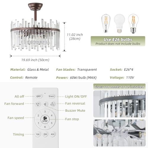 Image of Brown Fandelier Ceiling Fans with Lights, Crystal Chandelier Ceiling Fan with Light Remote Control, Mid Century with 6 Speeds for Bedroom, Living Room