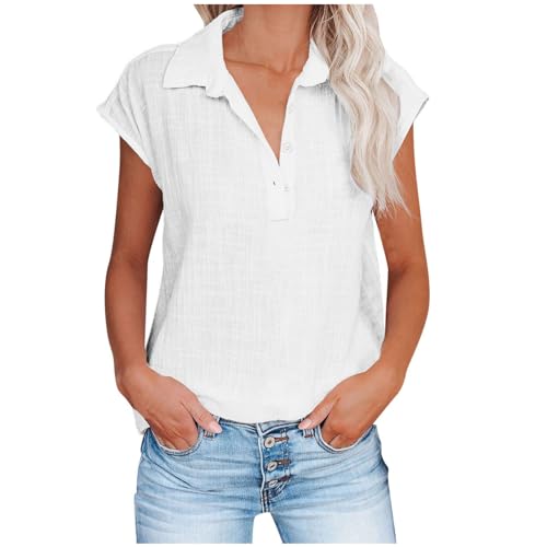 Generic Blusas básicas femininas outono verão manga curta gola alta linho ajuste solto blusas camisa