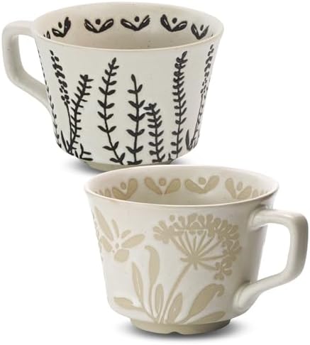 Ceramic Coffee Mug Set of 2, 11 oz Novelty Unique Tea Cups with Big Handle, Couple Mugs for Mocha Latte Cappuccino Espresso, Best Gifts for Women and Men, Butterfly and Grass