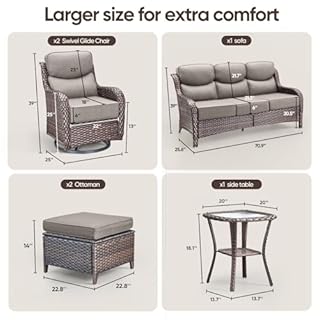 Swivel Patio Chairs sofa Set of 6 - 6" Thick Cushion - Wicker Outdoor Swivel Rocker Patio Chair ,Sofa/Glass coffee table, High Back Comfortable Outdoor Glider Chairs - Brown Wicker Grey Cushions
