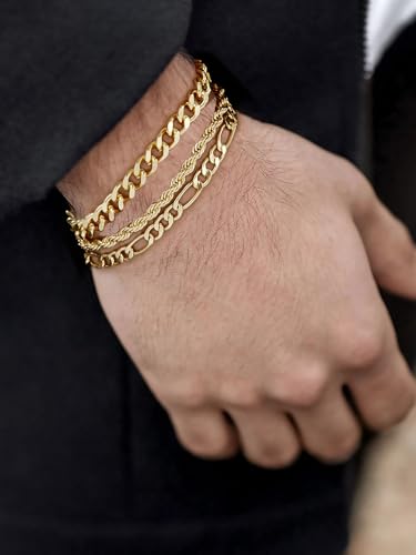 3 PCS Silver Bracelets for Men 925 Sterling Silver/14K Gold Palted Cuban Link Chain Bracelet Figaro Rope Bracelet Set Mens Jewelry Gifts for Dad Husband Boyfriend 7.5/8.2 Inches2
