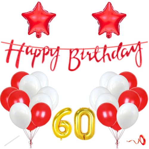 Image of Flyloons 60th Happy Birthday Decoration Kit Red White for Boys Girls Men Women Adults With 20 Pcs Metallic Balloons Birthday Banner 2 Pcs Star Items Set