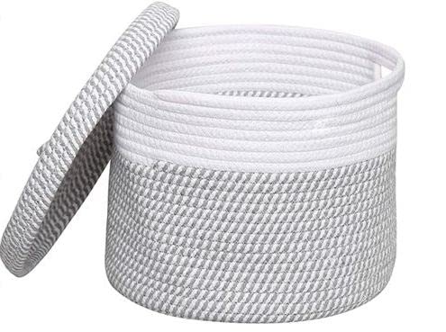 Gleckn Mini Rope Laundry Storage Cotton Basket Woven Bag Hamper Baby Nursery Bucket Organizer For Kids Toys,Fruits,Gifts,Living Room,Bathroom,Kitchen,Office Set,Shelfs (Grey, 10X8 Inches)-image-13