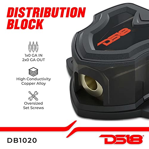 Image of DS18 DB1020 Distribution Ground Block - 1 x 0GA in / 2 x 0GA Out, Nickle Plated Internal Materials, High-Strength Heat Resistant Plastic Housing, Oversized Screws for Secure Connections (1 in 2 Out)