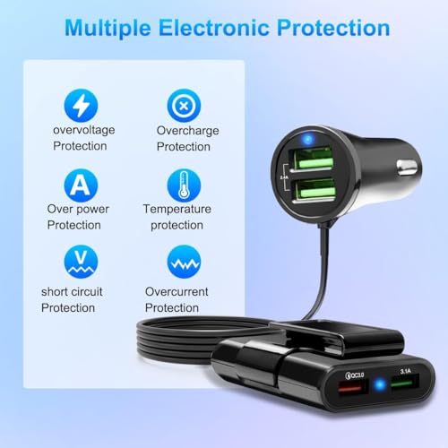 Image of 40W Fast Car Charger with 4 USB Ports (8A Output) - Front & Back Seat Charging, 1.8M Cable, Car Cigarette Lighter Socket Splitter, Universal 12V-24V Car Adapter for Road Trips & Daily Use