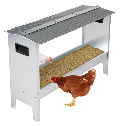 Solution4Patio Portable Metal Chicken Feeding Trough with Roof, Galvanized Steel Feeder with Drainage Holes, Rust-Resistant, Easy to Clean, Chicken Coops Accessories