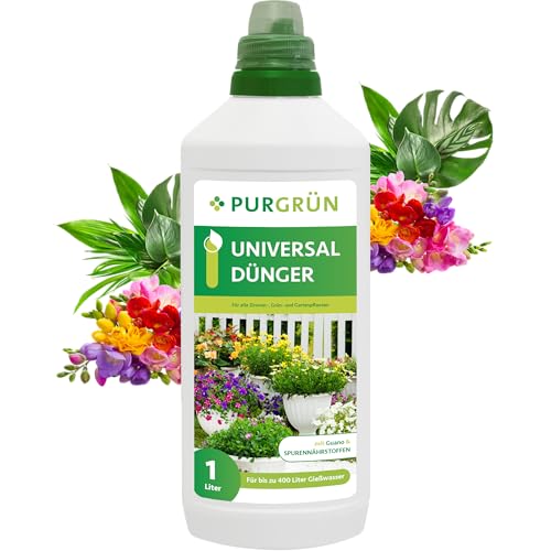Purgrün® Universaldünger 1 Liter – Organisch-mineralische Rezeptur – Premium-Flüssigdünger mit Spurennährstoffen – NPK 7+5+6 – Mit Guano & Spurennährstoffen – Für bis zu 400 Liter Gießwasser