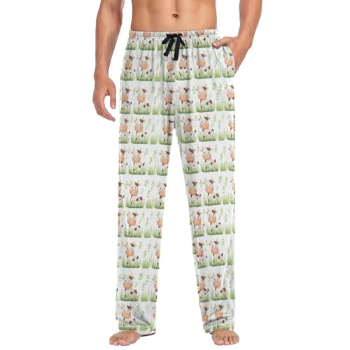 Vdsrup Men's Pajama Pants Grass Cow White Pajama Pants for Men PJs Bottoms Drawstring Pockets Sleep Lounge Pants S3