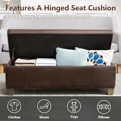 Image of 51 Inch Storage Ottoman, Storage Bench with Safety Hinge, Upholstered Synthetic Leather Ottoman Bench for Bedroom, Living Room, Entryway, Hallway, Foot Rest, Support 500lbs, Brown