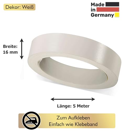 ben+camilla.com Selbstklebender Kantenumleimer | Weiß 16 mm x 5 m Rolle (matt glatt) | Kantenschutz zum Überkleben - wie Klebeband OHNE Bügeln | Premium Qualität für professionelle Ergebnisse
