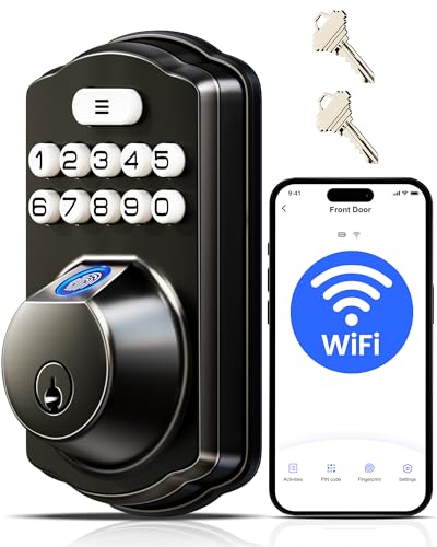 Veise VE012W Built-in WiFi Fingerprint Smart Lock, App Remote Control, No Hub Needed, Keyless Entry, Front Door Smart Deadbolt, Digital Keypad, Auto Lock, IP55 Waterproof, BHMA Grade 3, Matte Black
