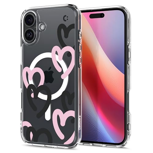 Image of Spigen Ultra Hybrid MagFit Back Cover Case for iPhone 16, MagSafe Compatible, Air Cushion Technology - PC+TPU | Hearts Black Pink
