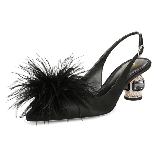 FSJ Women Fashion Fur Fur Closed Square Toe Slingback Pumps Crystal Block Low Heel Fuzzy Party Prom Dress Shoes Size 4-16 US