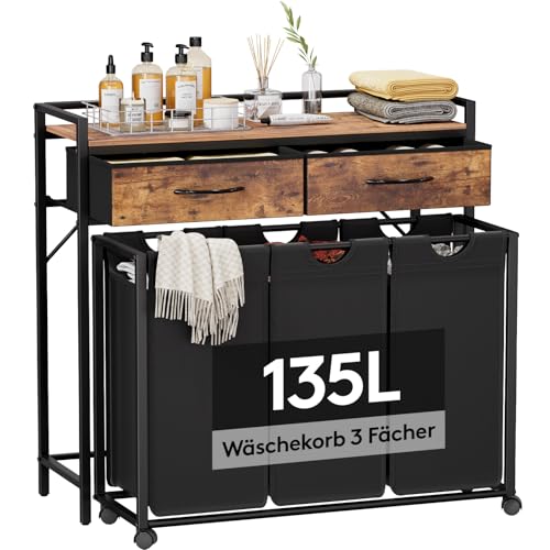 Lifewit 135L Wäschekorb 3 Fächer Grobe Rolling Wäschesammler mit Regal & 2 Schubladen WäSchekorb Veranstalter Mit RäDern und Abnehmbare Tasche für WaschküChe Bad Braun-Rustikal & Schwarz